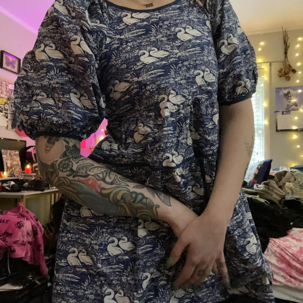 Laura Ashley X Urban Outfitters Swan Print Babydoll Mini Dress Sm